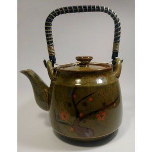 Vintage Japanese Green Teapot w/Woven Rattan Handle HandPainted Cherry Blossoms